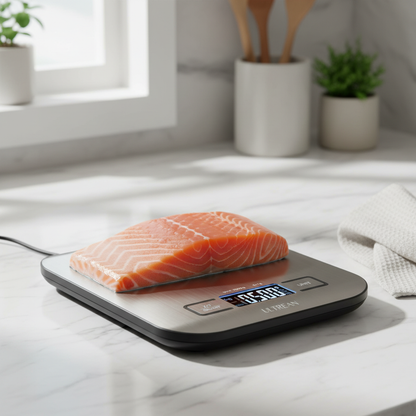 Kitchen scale with salmon no bowl
