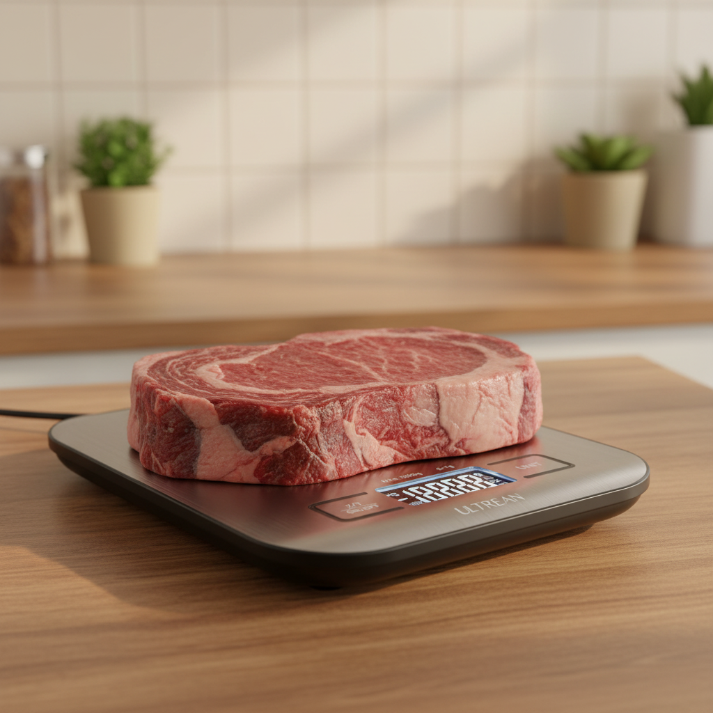 Kitchen scale with steak warm lighting