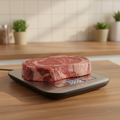 Kitchen scale with steak warm lighting
